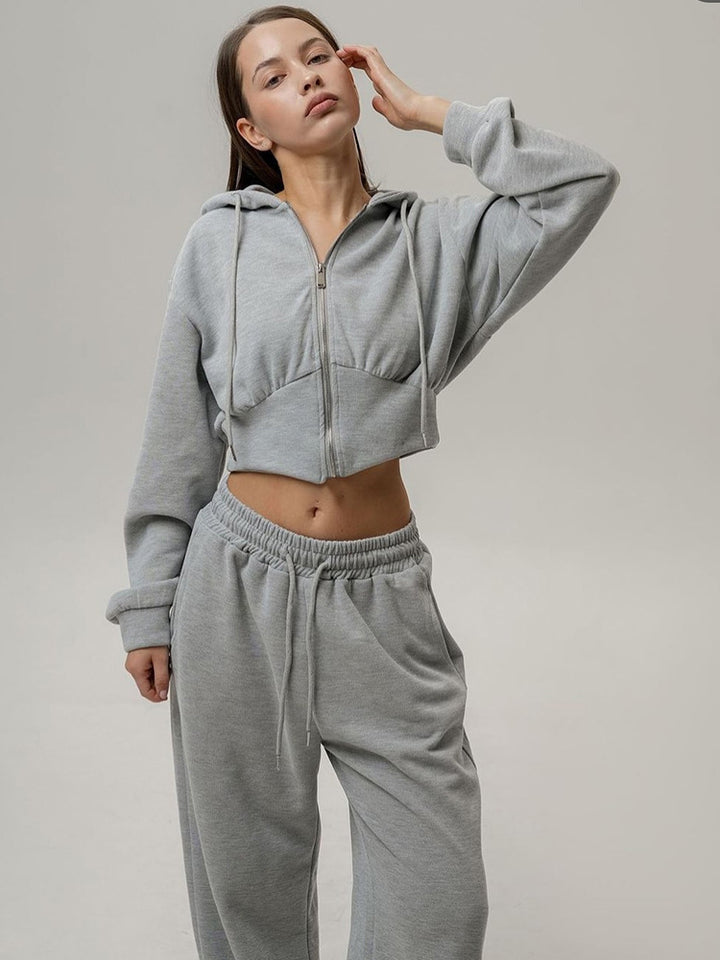 Women's two-piece cropped hoodie set with wide waistband pants cut and fitted zip Mune Fashion