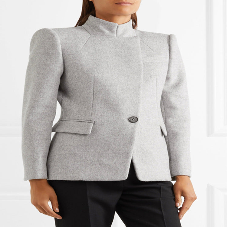 Women Tailored Wool Blend Blazer with Stand Collar, Structured Shoulder and Flap Pockets Mune Fashion