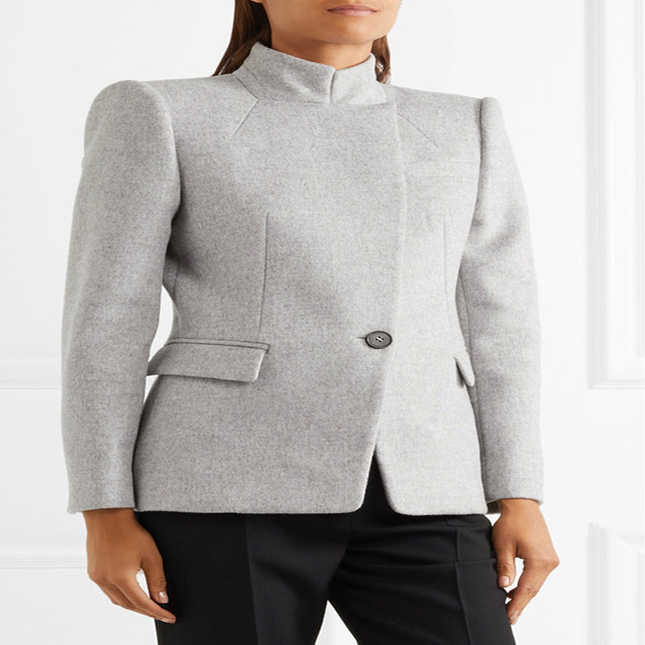 Women Tailored Wool Blend Blazer with Stand Collar, Structured Shoulder and Flap Pockets Mune Fashion