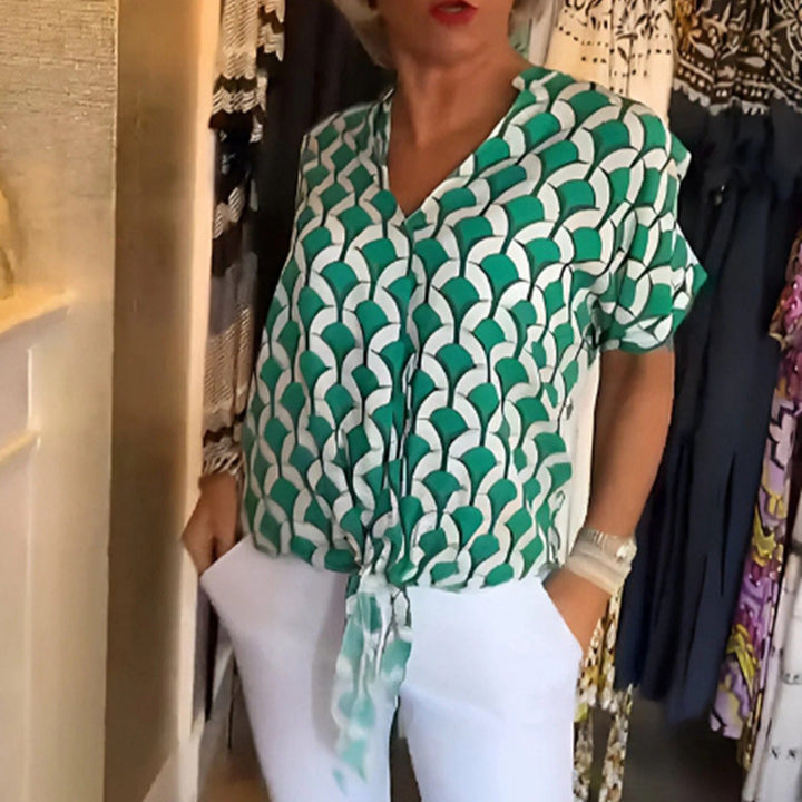 Women’s short-sleeved geometric blouse shirt with knot waistband and stand-up collar Mune Fashion