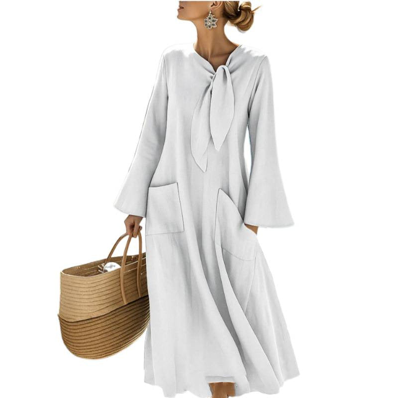 Women's Lightweight Maxi Dress with Bind Bow, Bell Sleeves and Patch Pockets Mune Fashion