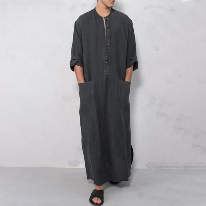 Men's wide long tunic-kaftan made of breathable linen with stand-up collar, button placket, and patch pockets Mune Fashion