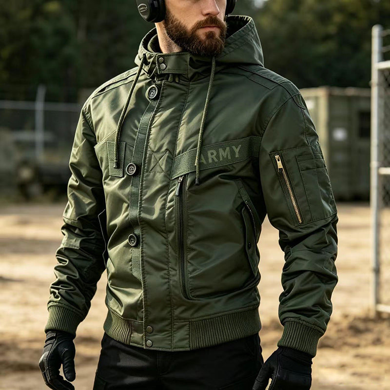Men's Military-Inspired Hooded Bomber Jacket with Utility Pockets Mune Fashion