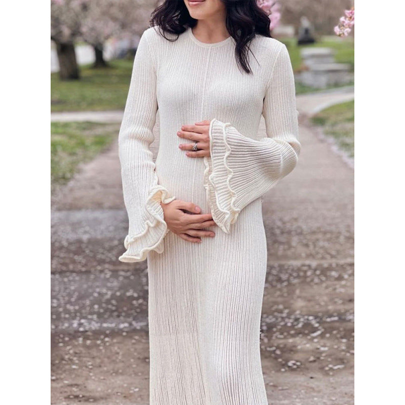 Women's Ribbed Maxi Dress with Long Sleeves, Ruffle Cuffs and Ruffle Hem Mune Fashion
