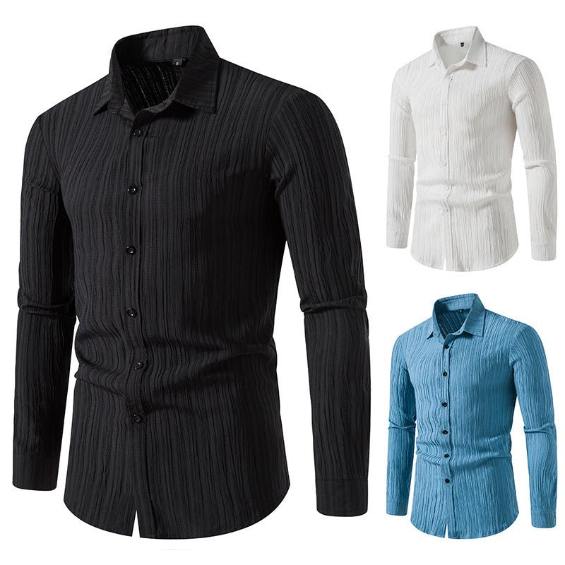 Men's Textured Slim-Fit Shirt with Crinkled Texture and Kent Collar Mune Fashion