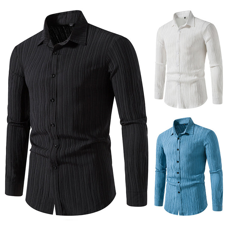 Men's Textured Slim-Fit Shirt with Crinkled Texture and Kent Collar Mune Fashion