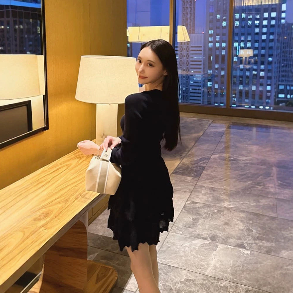 Women Figure-Hugging Knit Mini Dress with Ruffle Layers and Long Sleeves Mune Fashion