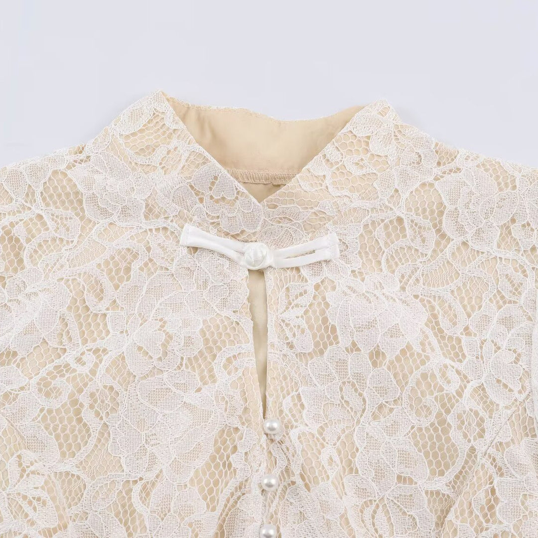 Women's lace blouse with stand-up collar and pearl button placket Mune Fashion