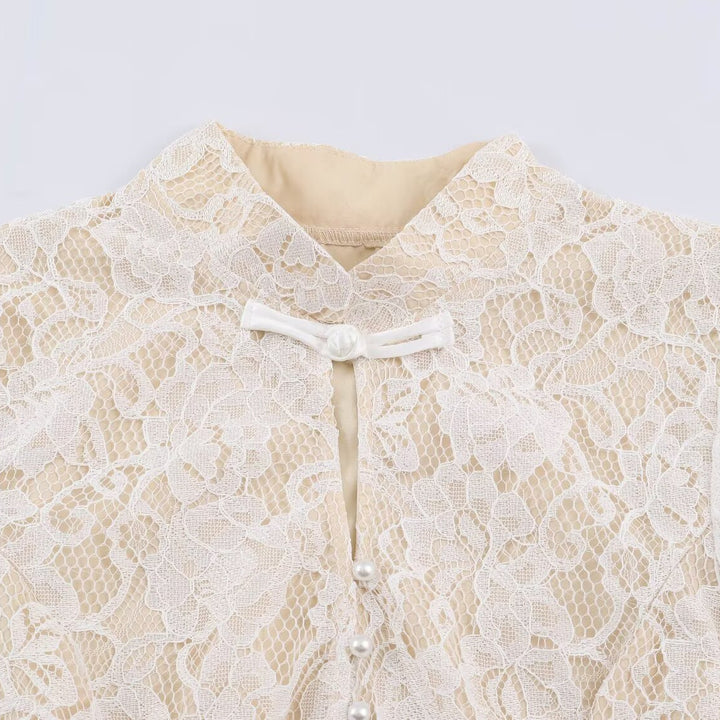 Women's lace blouse with stand-up collar and pearl button placket Mune Fashion