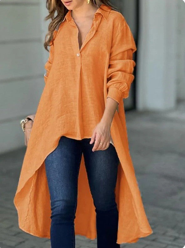 Women Lightweight Linen Tunic Blouse with Asymmetric High-Low Tail and Shirt Collar Mune Fashion