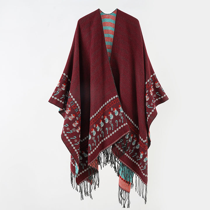 Women's Wool Blend Kimono Poncho with Norwegian Border and Fringe Mune Fashion