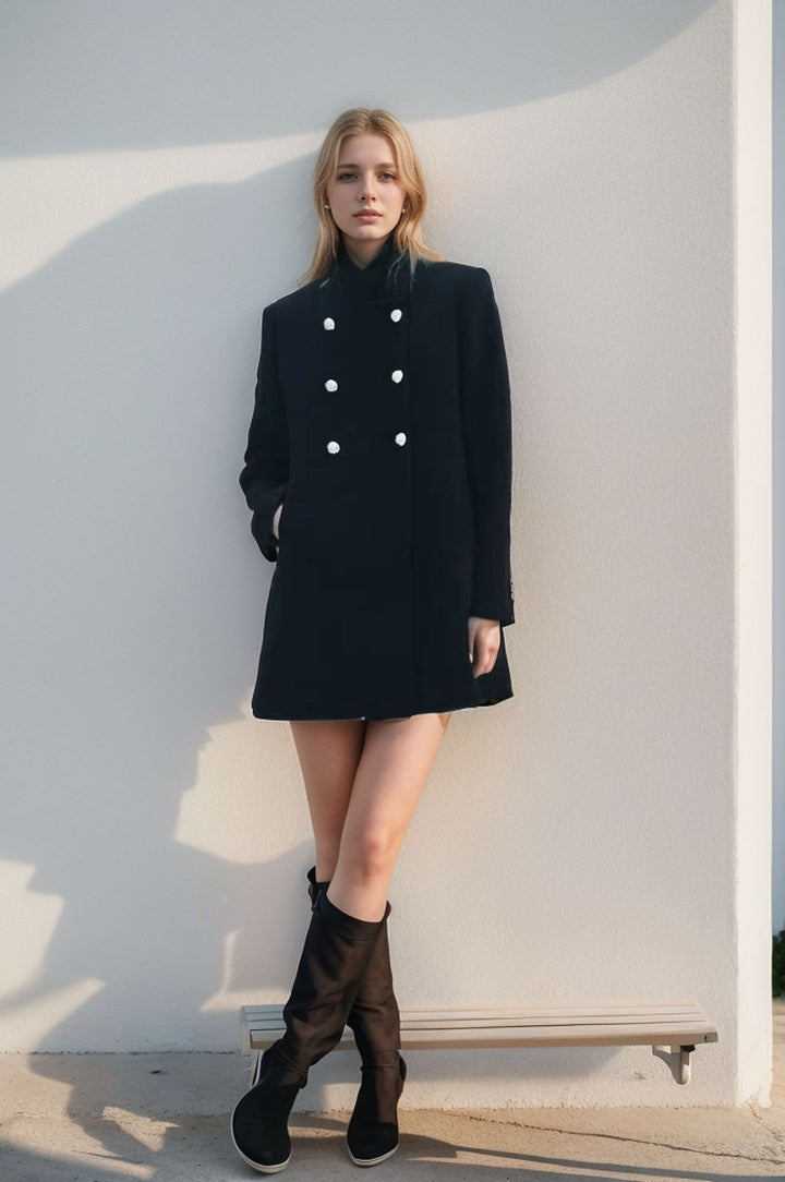Ladies Double-Breasted Mini Coat with Stand Collar and Decorative Metal Buttons Mune Fashion