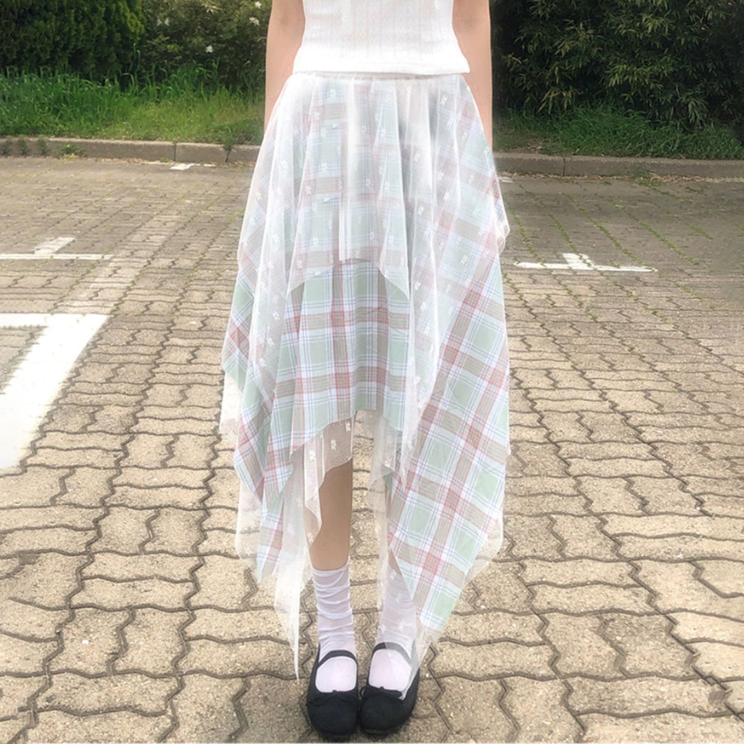 Women asymmetrical layered skirt with checkered underskirt and transparent tulle overlay Mune Fashion