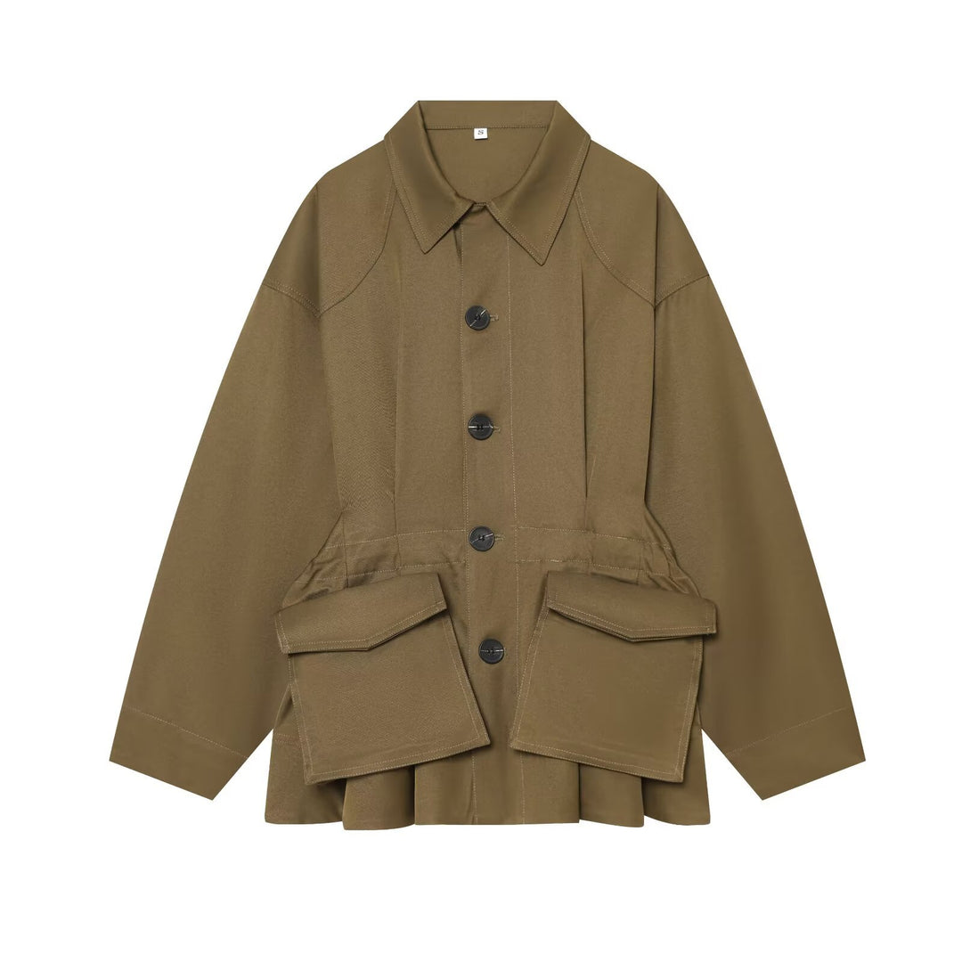 Women's Oversized Utility Jacket with Large Flap Pockets and Drawstring Mune Fashion