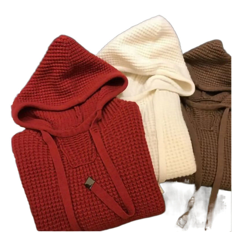 Women's Chunky Knit Oversized Hoodie with Waffle Texture and Drawstring Mune Fashion