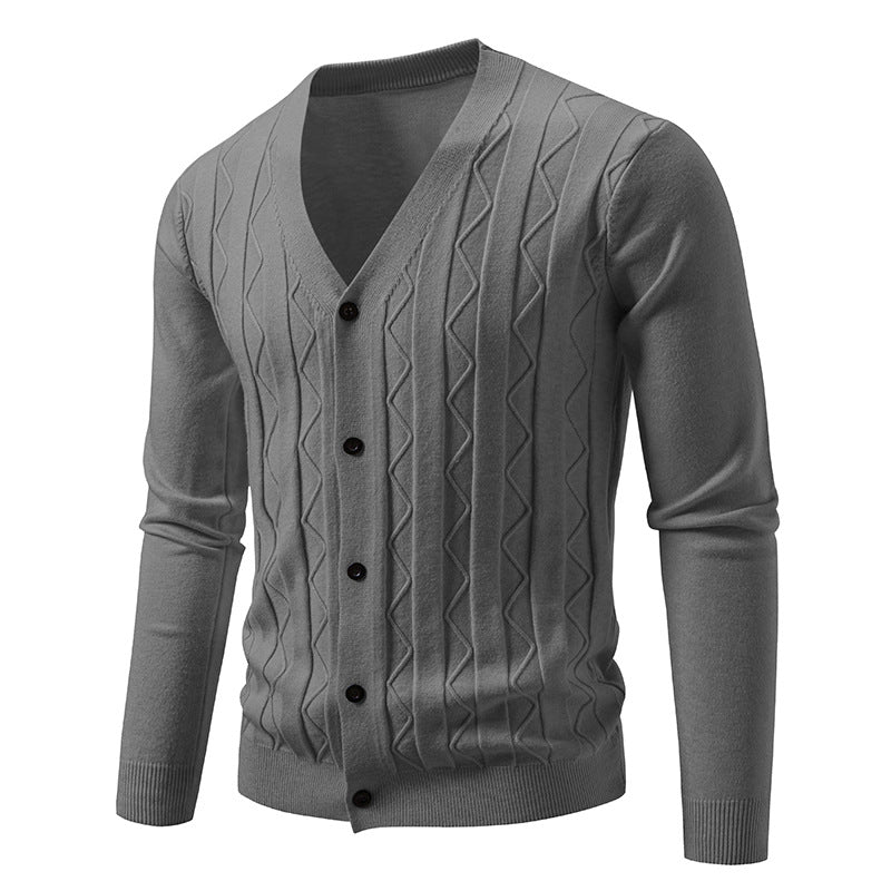 Men's V neck cardigan with subtle cable knit texture and continuous button placket Mune Fashion