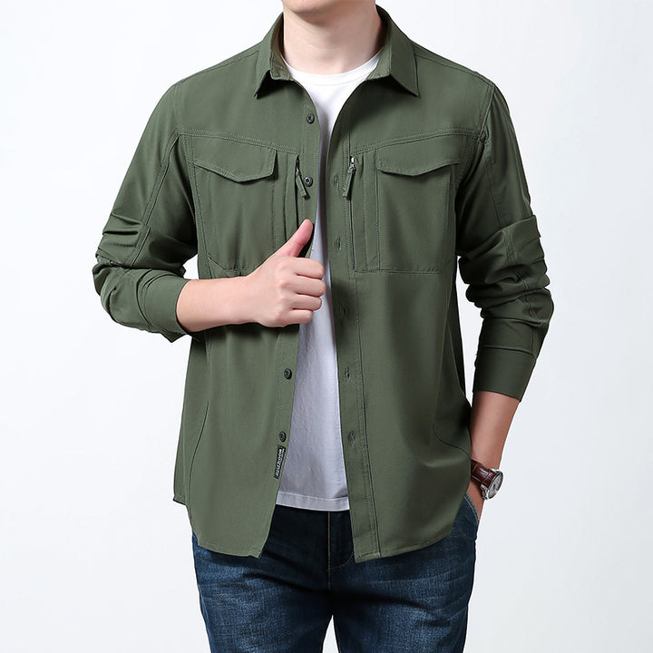 Men's light utility shirt jacket with chest flaps, zip pocket and stretchy functional fabric Mune Fashion