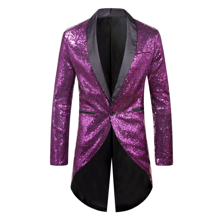 Men's sequin tuxedo jacket with shawl collar satin trim and curved swallowtail Mune Fashion