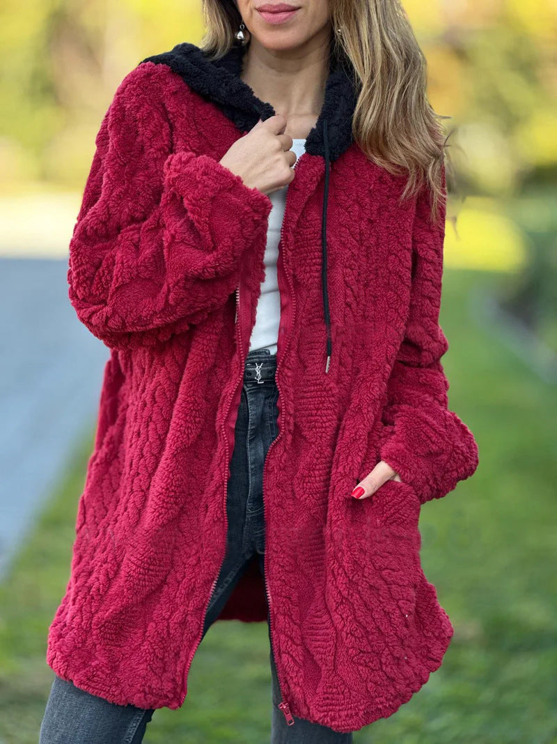 Women's oversized teddy coat jacket with contrasting hood, zipper, and side pockets Mune Fashion