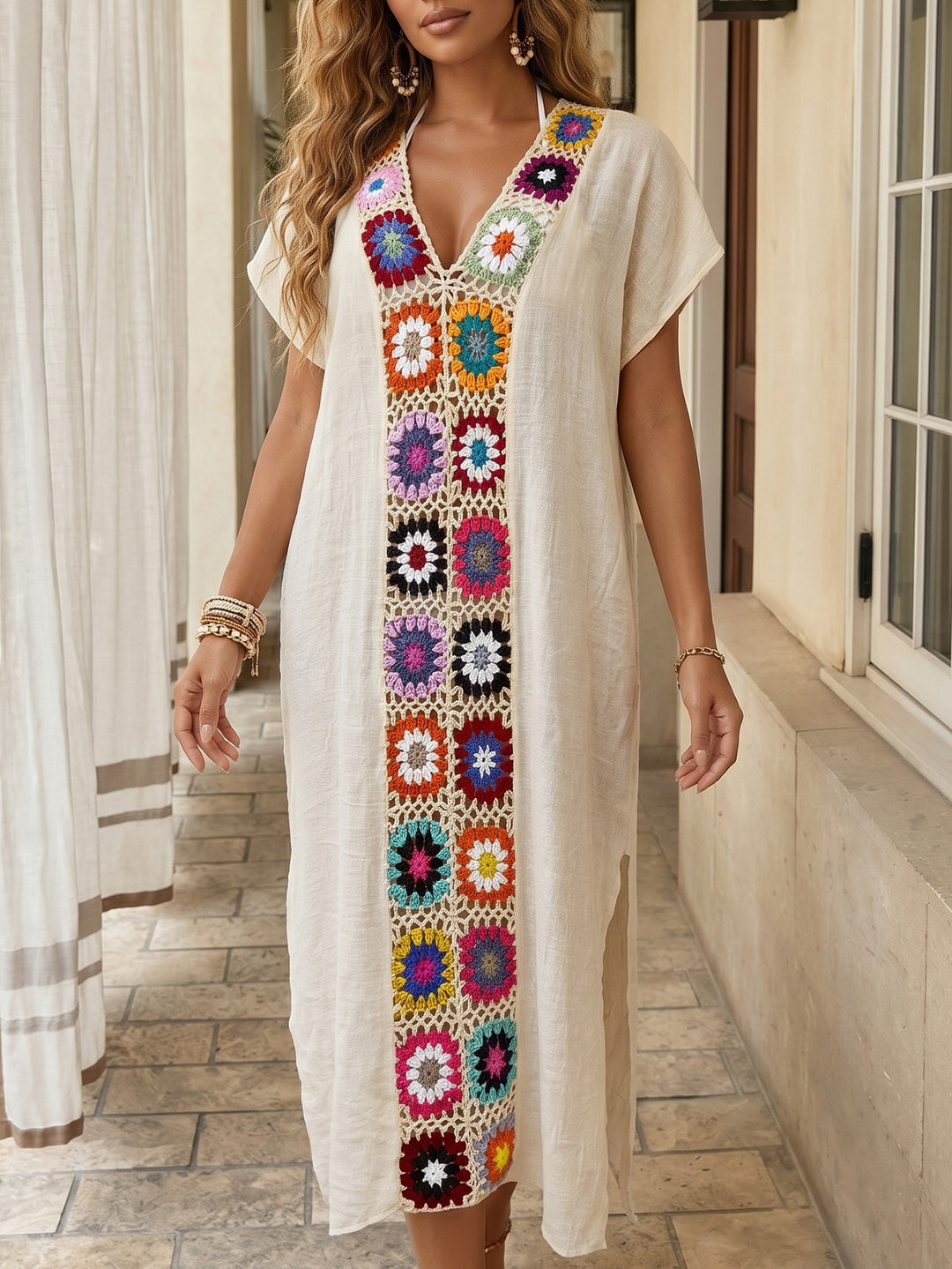 Women's Crochet Beach Kimono with Floral Patchwork Design Mune Fashion