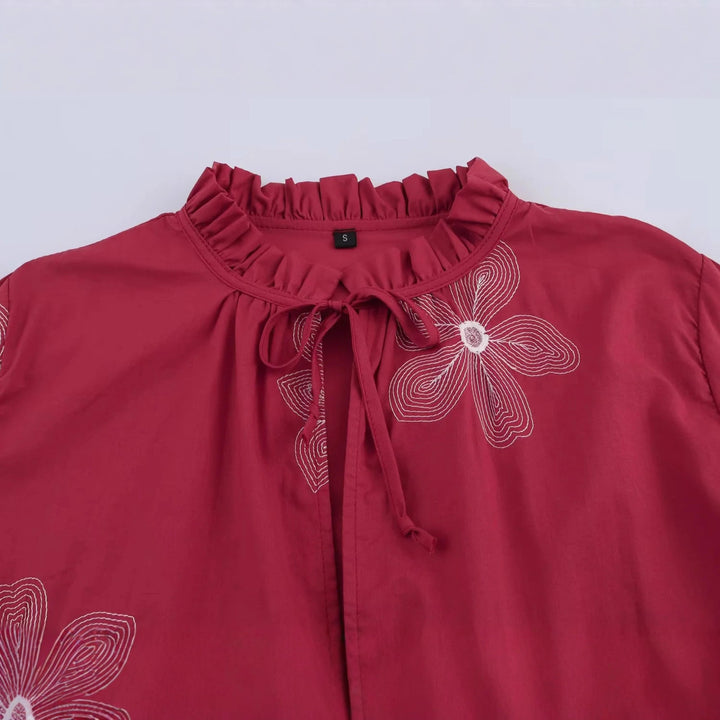 Women's embroidered loose shirt blouse with ruffle collar, tie front and balloon sleeves Mune Fashion