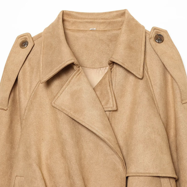 Women Short Cut Trench Jacket in Suede Look with Epaulettes and Buckle Cuffs Mune Fashion