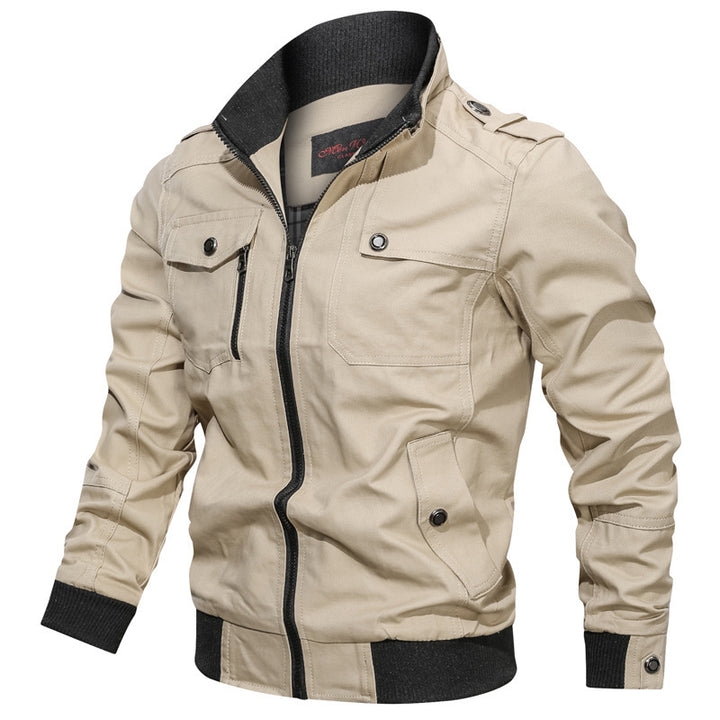 Men's Canvas Bomber Jacket with Ribbed Collar, Shoulder Epaulettes, and Multi-Functional Pockets Mune Fashion