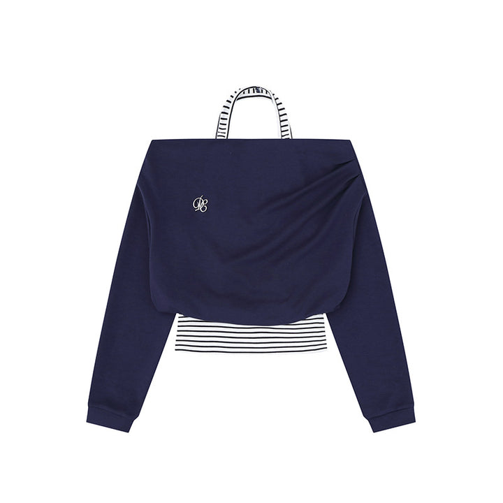 Women's Cropped Layered Hoodie with Integrated Striped Under-Shirt, Hood and Casual Raglan Cut