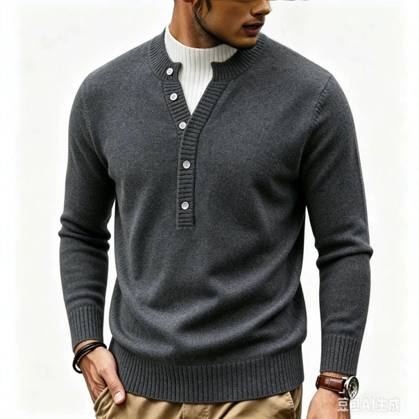 Men's Long-Sleeved Knit Troyer with Half Placket and Ribbed Stand-Up Collar Mune Fashion