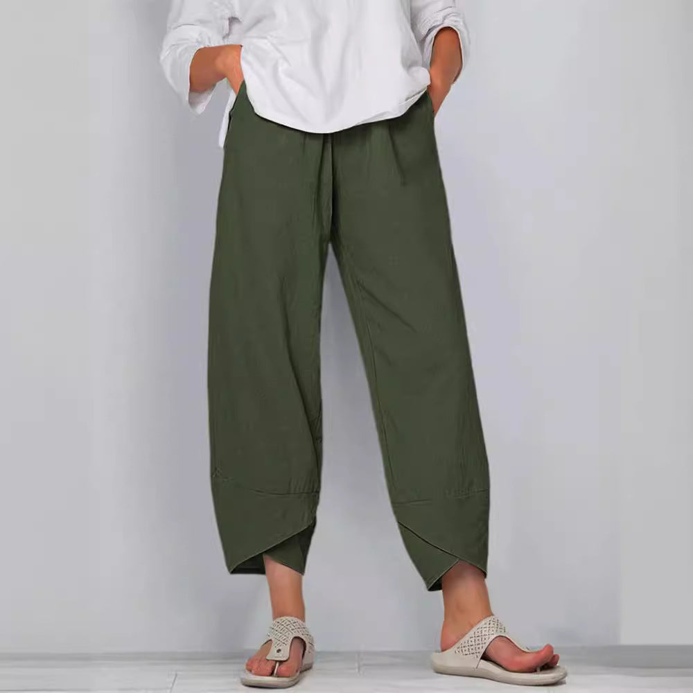 Women's wide-cut linen pants with tulip hem and elastic waistband Mune Fashion
