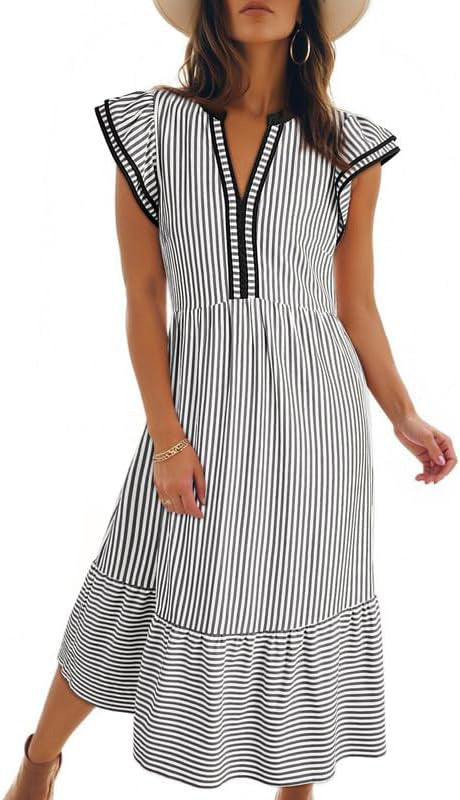 Women’s Maritime Midi Dress with Vertical Stripes, V-Neck and Ruffle Tier Mune Fashion