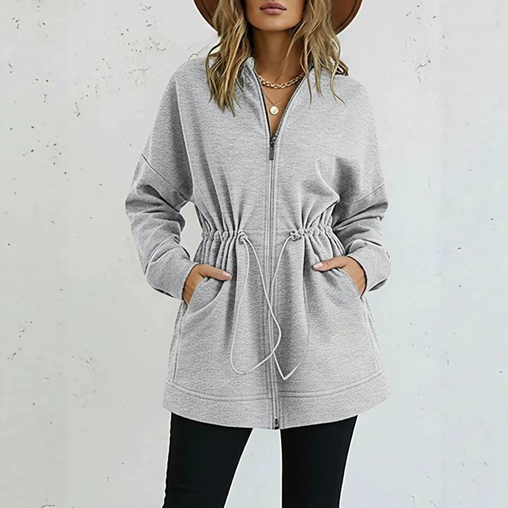 Women’s hooded jacket with waist drawstring, zipper, and side pockets Drune