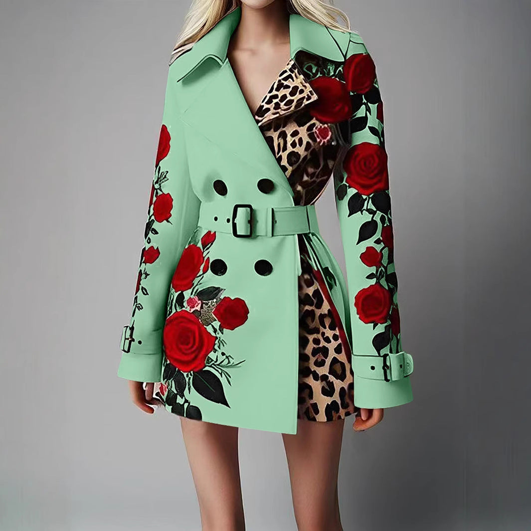Women Tailored Trench Coat with Rose Print and Leopard Lining Mune Fashion