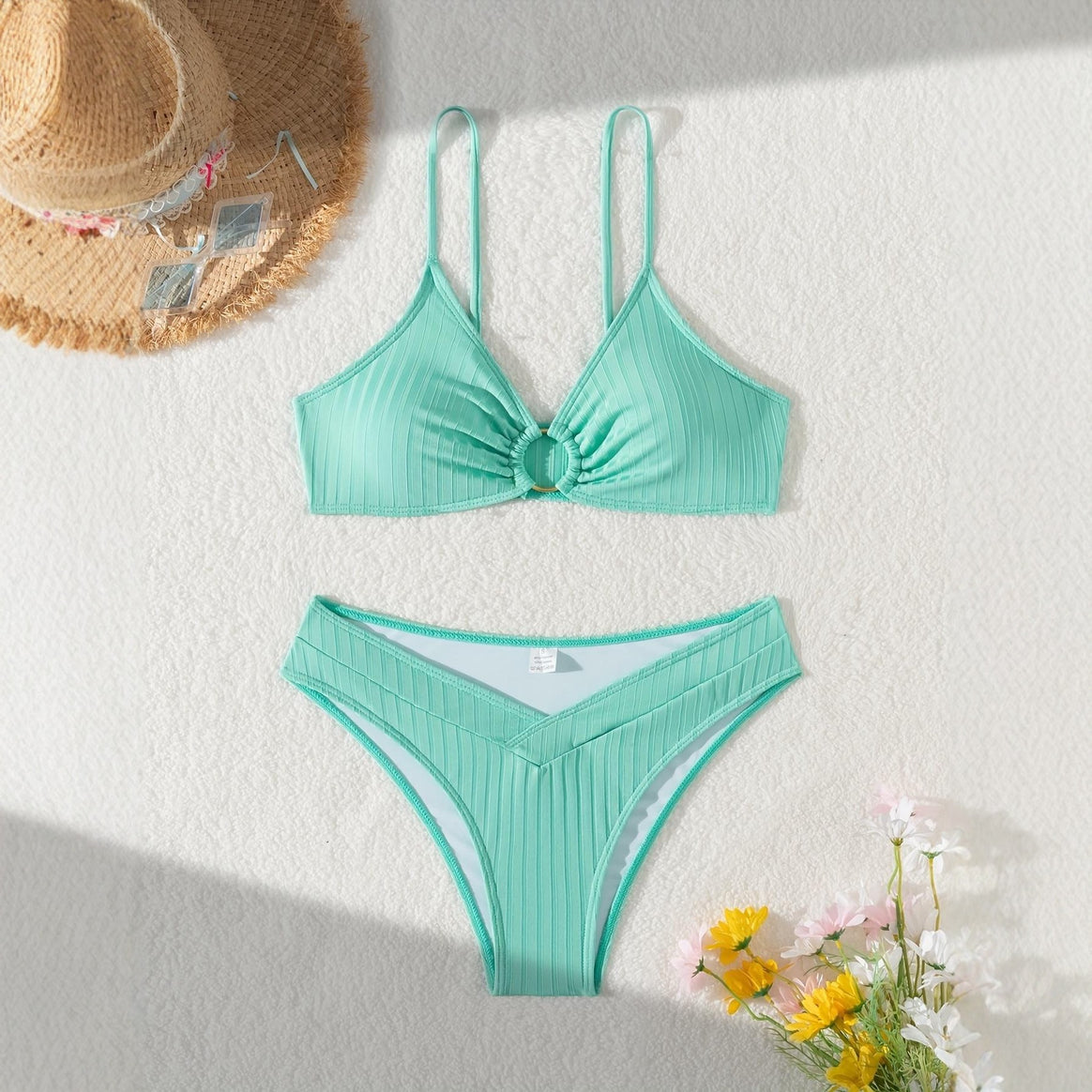 Women Sophisticated Bikini Top with V-Neck and Decorative Ring Mune Fashion