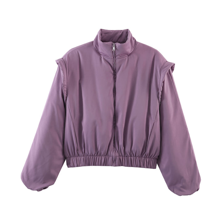 Women's Padded Cropped Bomber Jacket with Stand Collar and Elastic Hem Mune Fashion