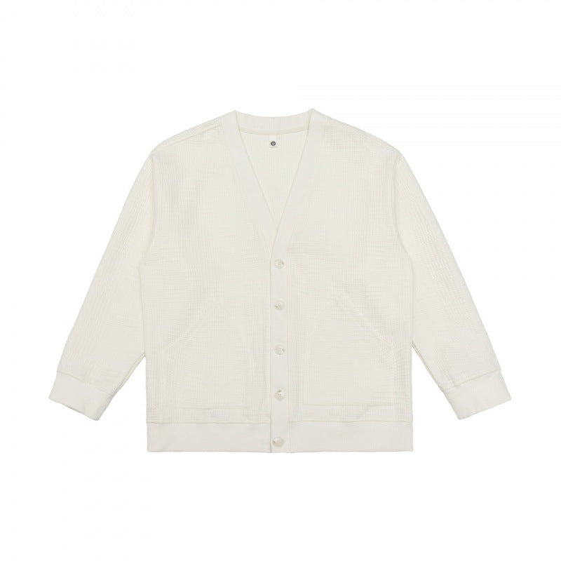 Unisex Oversized Waffle Knit Cardigan with V-Neck, Button Placket and Patch Pockets Mune Fashion