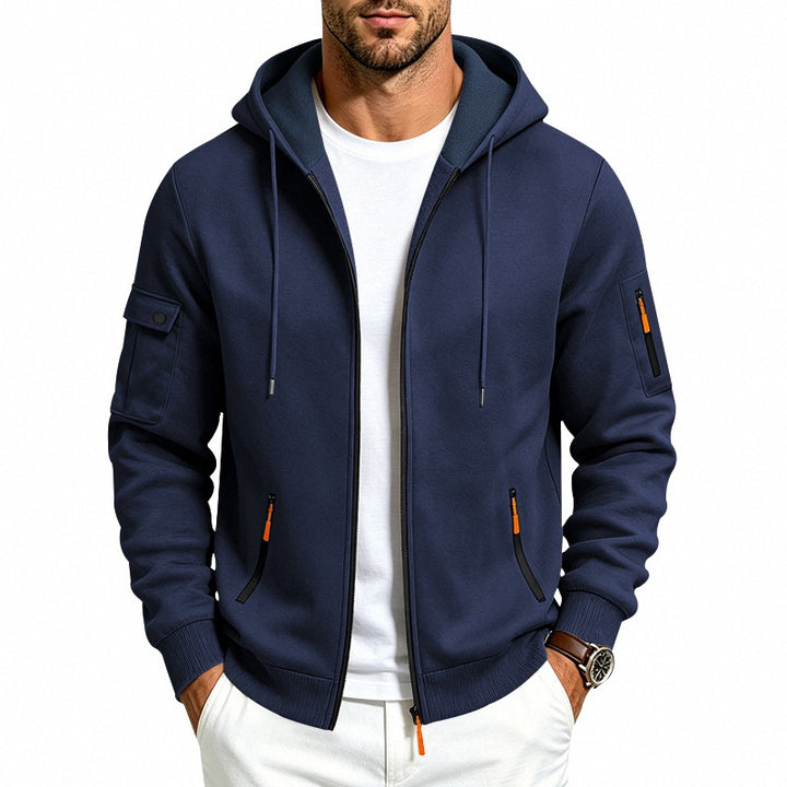 Men's Hooded Zipper Jacket with Arm Pockets, Contrast Zipper and Ribbed Cuffs Mune Fashion