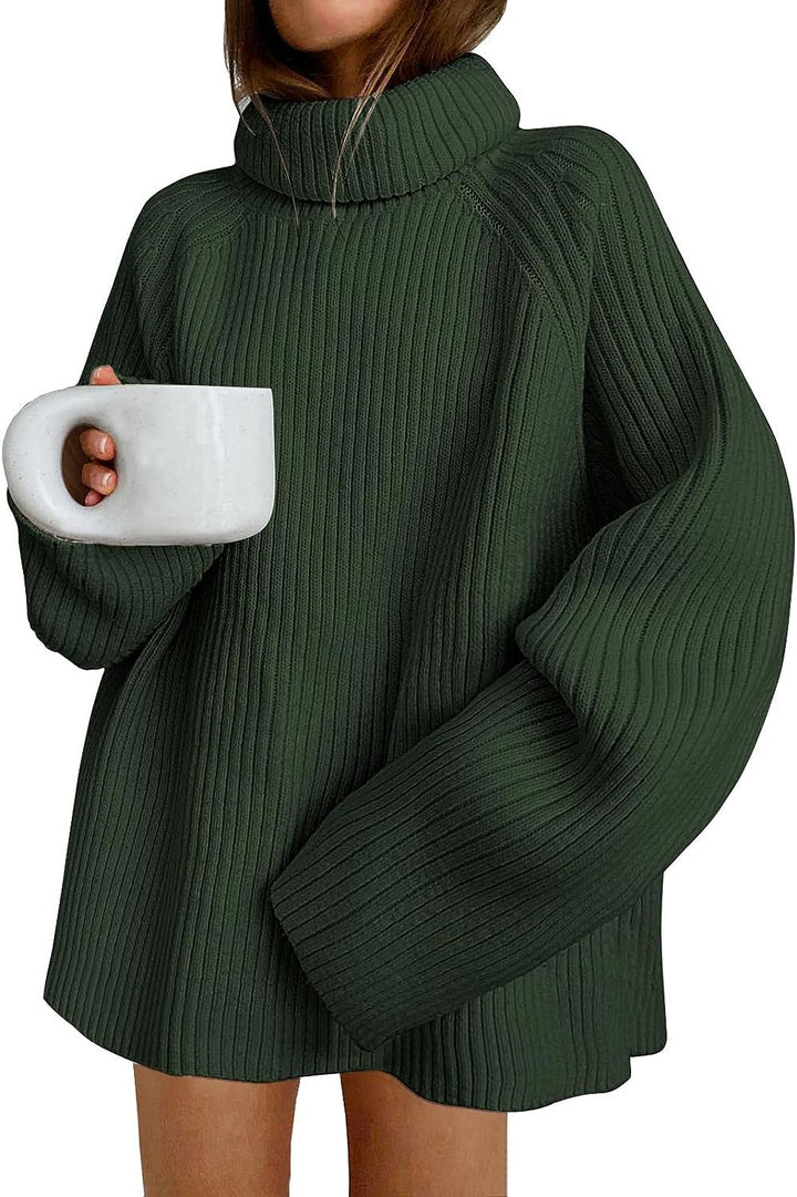 Women’s Oversize Pullover Dress made of Rib Knit with High Roll Neck and Voluminous Sleeves Mune Fashion