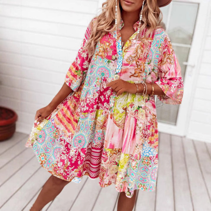 Ladies' airy tiered dress in patchwork boho style with stand collar, gathered waist seam, and three-quarter sleeves Mune Fashion
