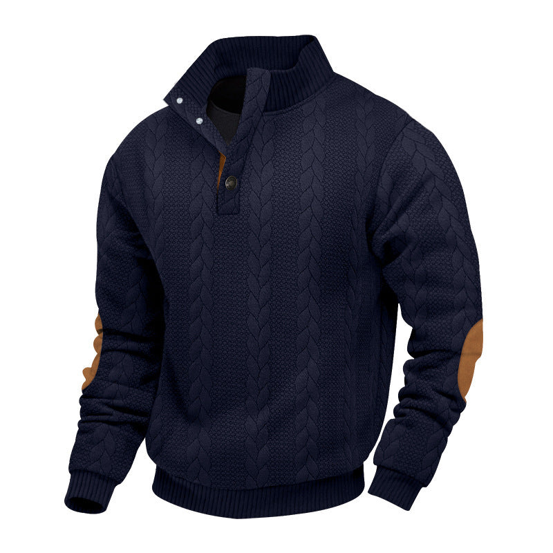 Men's Cable Knit Half Button Sweater with High Stand Collar and Suede Elbow Patches Mune Fashion