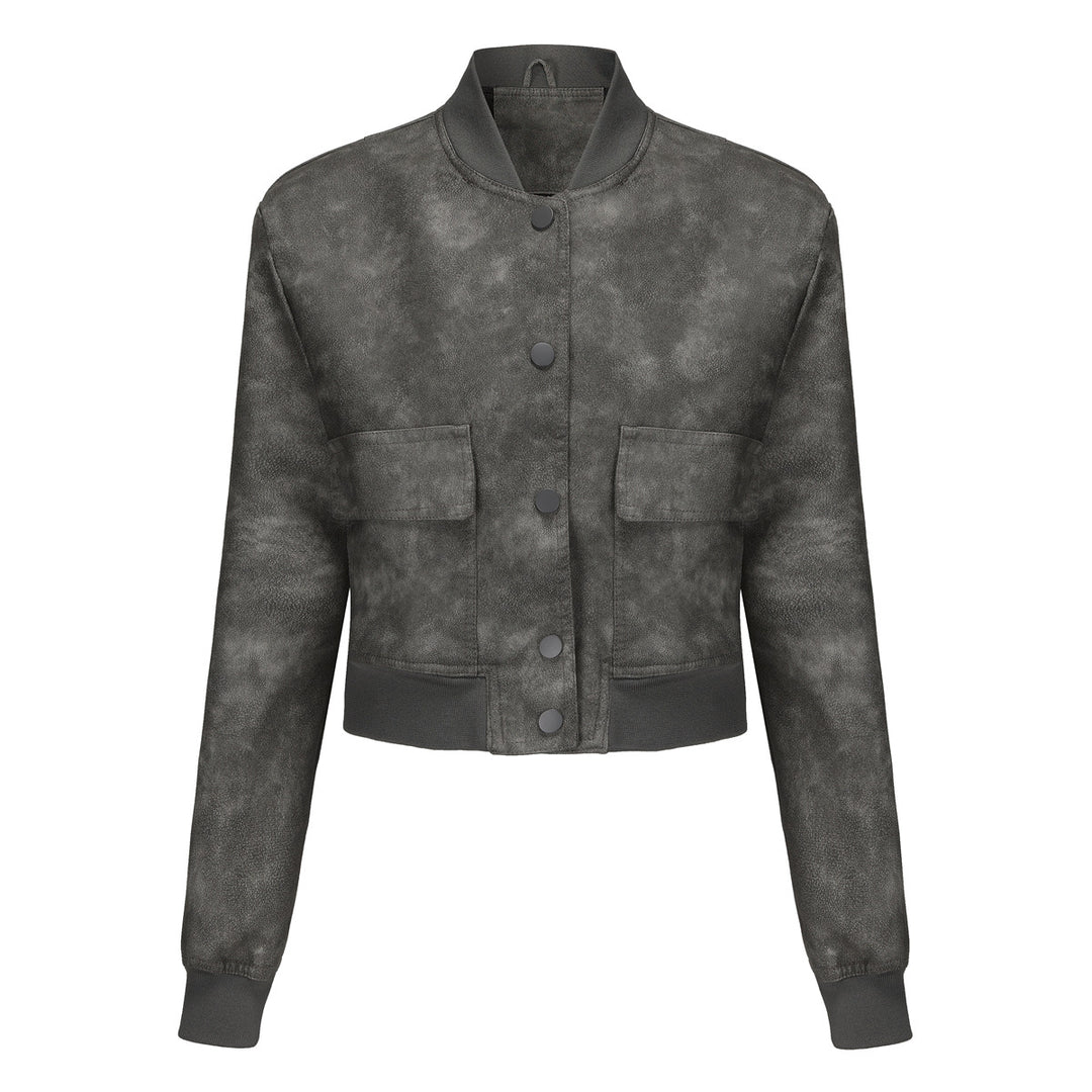 Women's short crop faux leather jacket in blouson style with snap front and flap pockets Mune Fashion