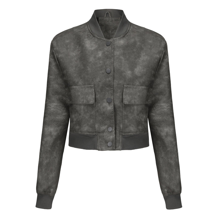 Women's short crop faux leather jacket in blouson style with snap front and flap pockets Mune Fashion
