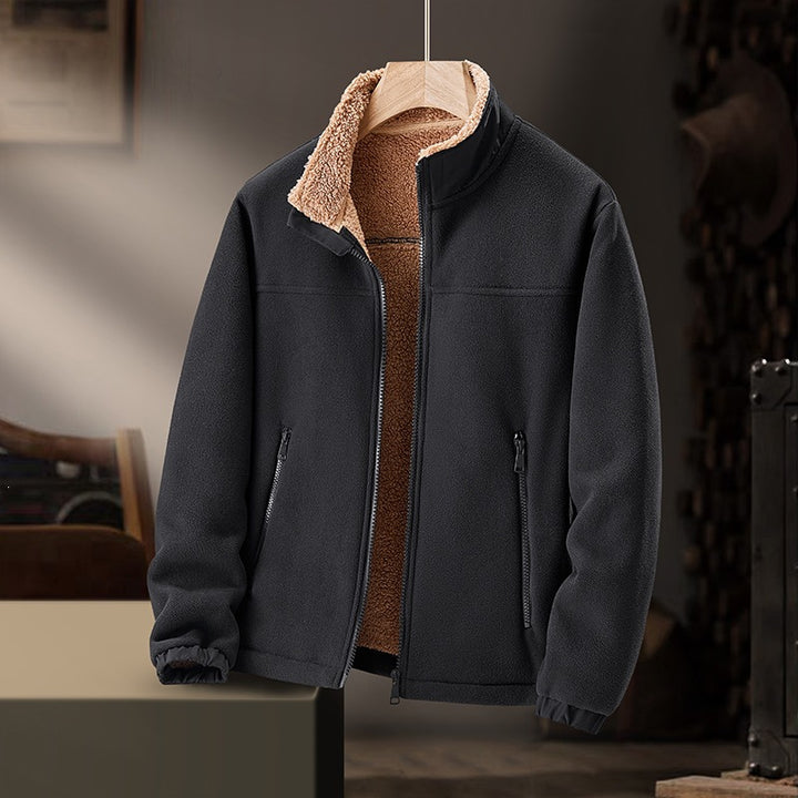 Men's fleece outdoor jacket with teddy fur lining, stand-up collar & wind-resistant surface Mune Fashion