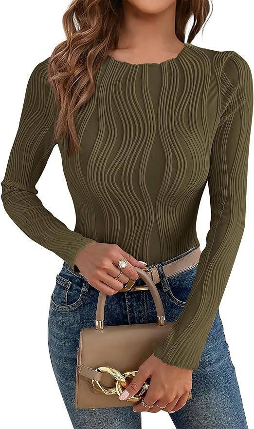 Women's form-fitting ribbed long sleeve with wave detail and round neckline Mune Fashion