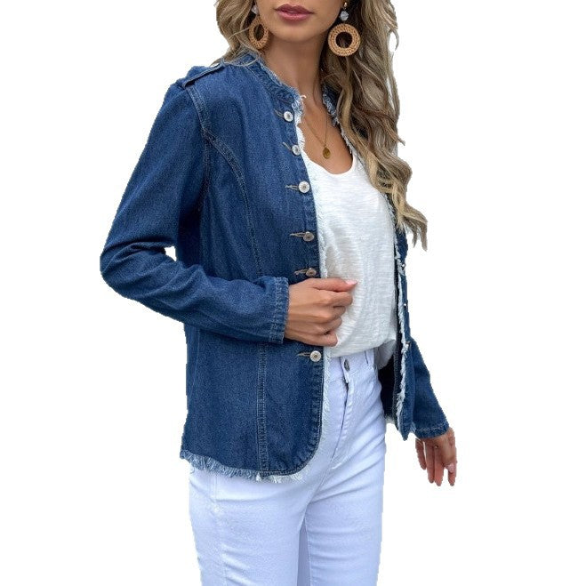 Women's tailored denim jacket with fringe trim and decorative button placket Mune Fashion