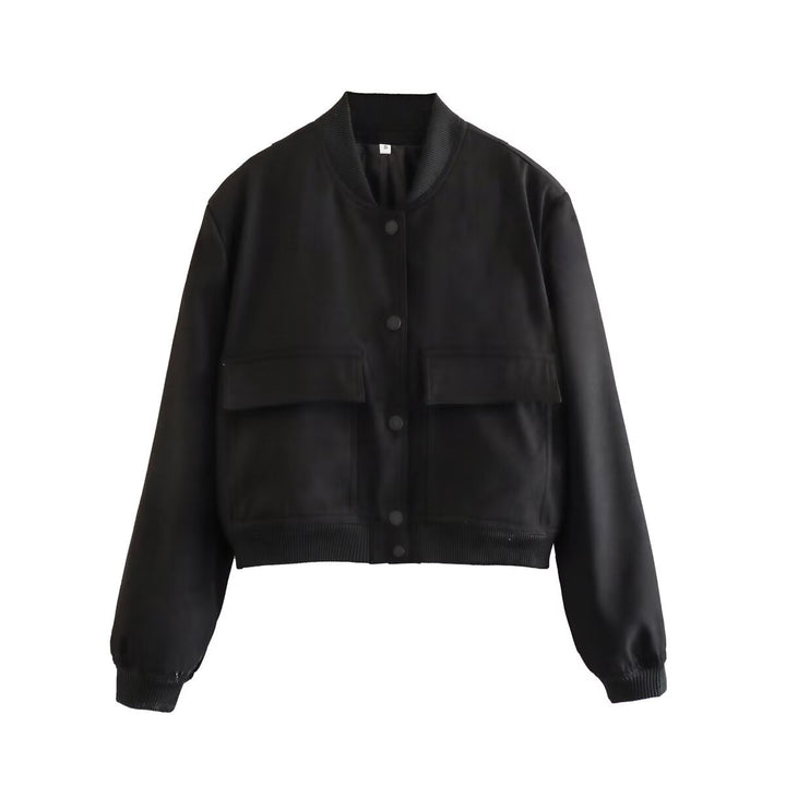 Women's short-cut bomber jacket with animal print, ribbed cuffs, patch pockets, and snap button closure Mune Fashion