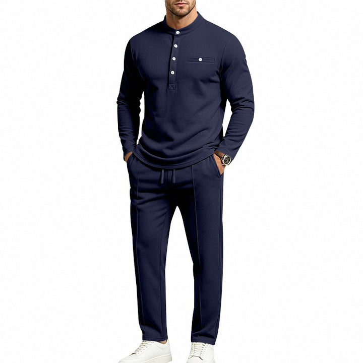 Men's Two-Piece Leisure Set with Henley Long Sleeve Shirt, Stand Collar and Comfort Jogging Pants Mune Fashion