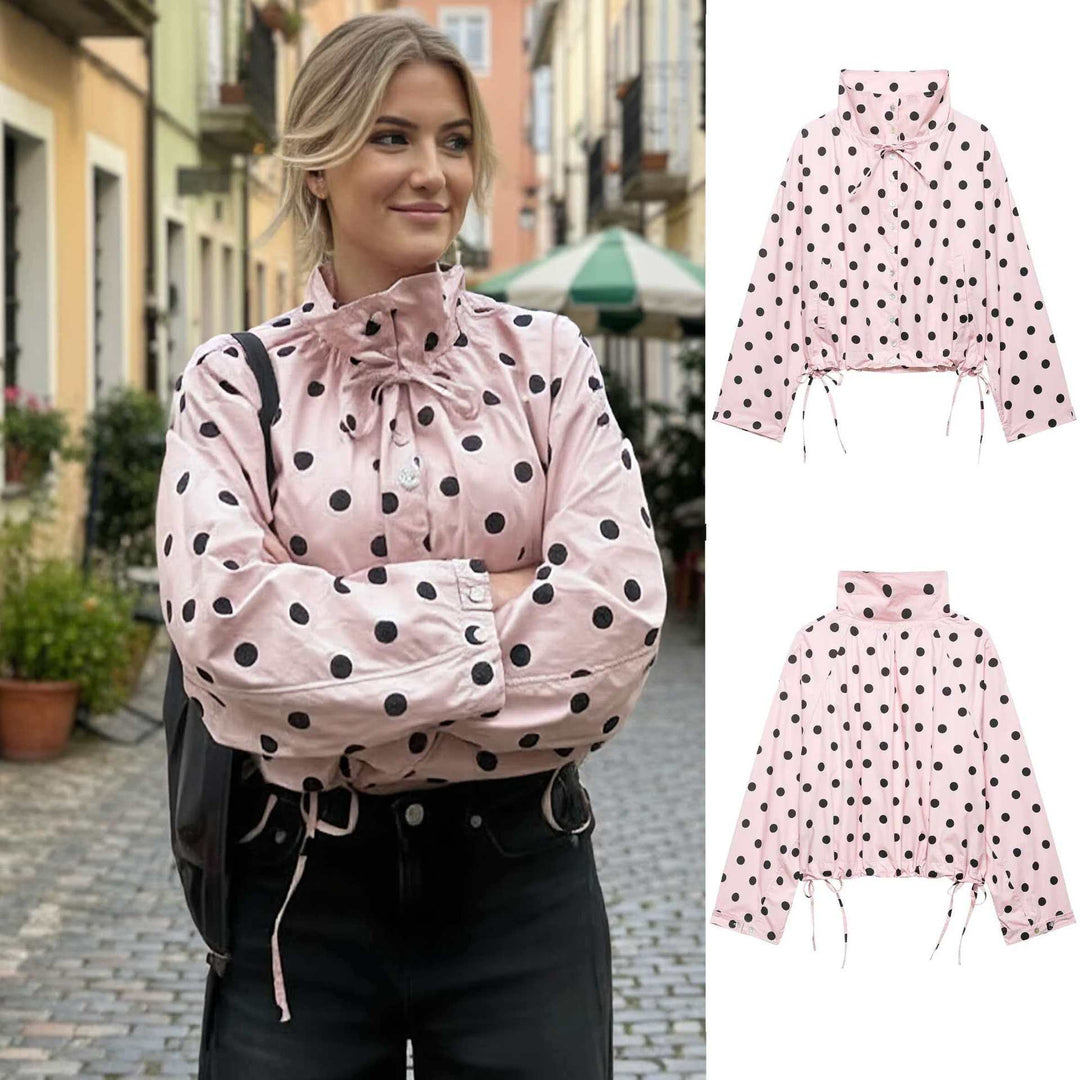 Women's dotted rain jacket with high stand-up collar, adjustable hem, and patch pockets Mune Fashion