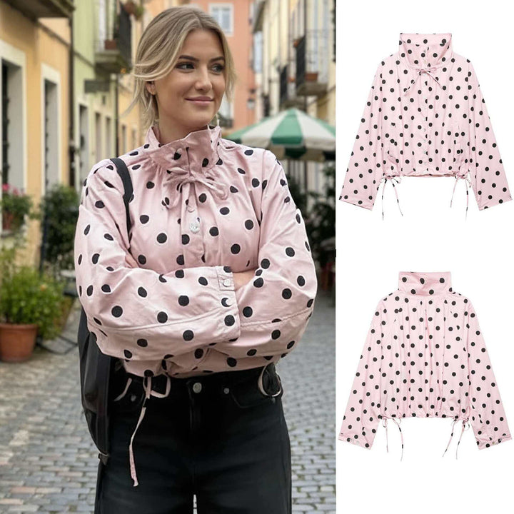Women's dotted rain jacket with high stand-up collar, adjustable hem, and patch pockets Mune Fashion