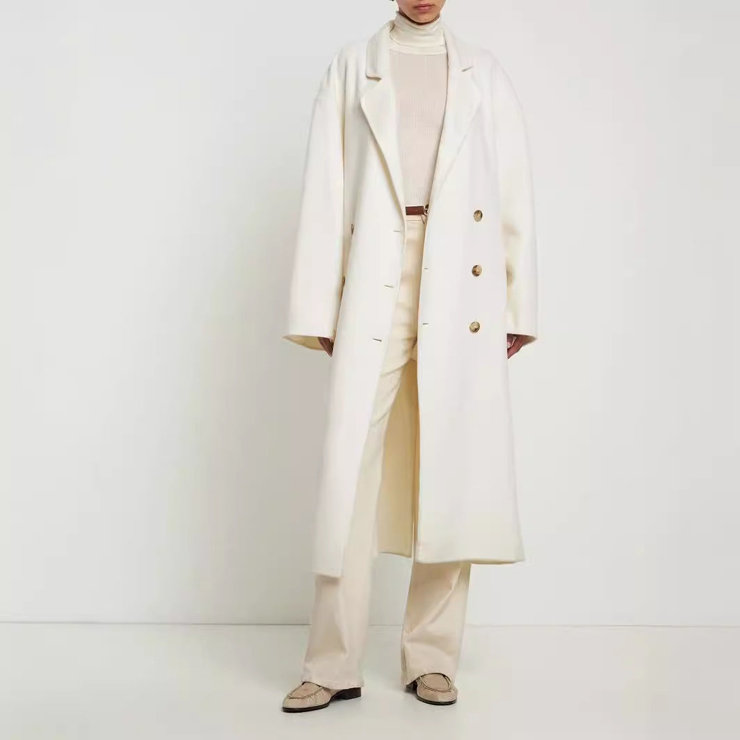 Women Oversize Double-breasted Long Coat with Dropped Shoulder Silhouette and Gold Decorative Buttons Mune Fashion